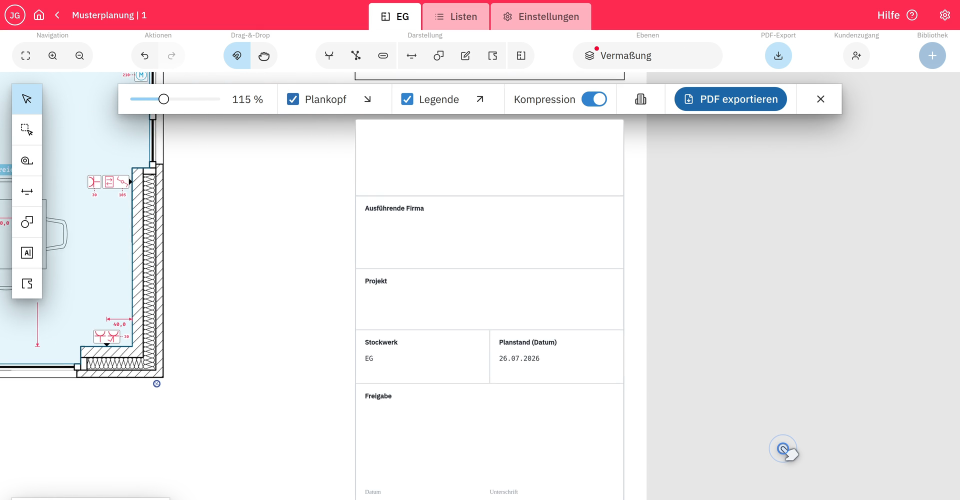 PDF-Export des Elektroplans mit Plankopf und Legende