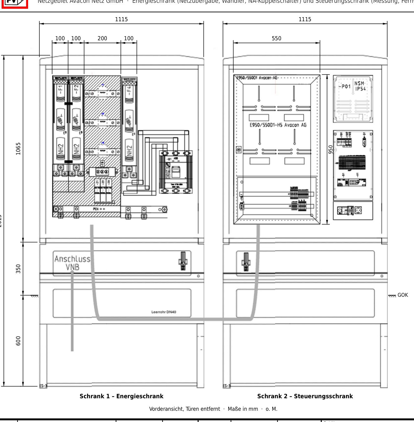 Freiluft-Wandlermesssäule: Energieschrank und Steuerungsschrank, Vorderansicht