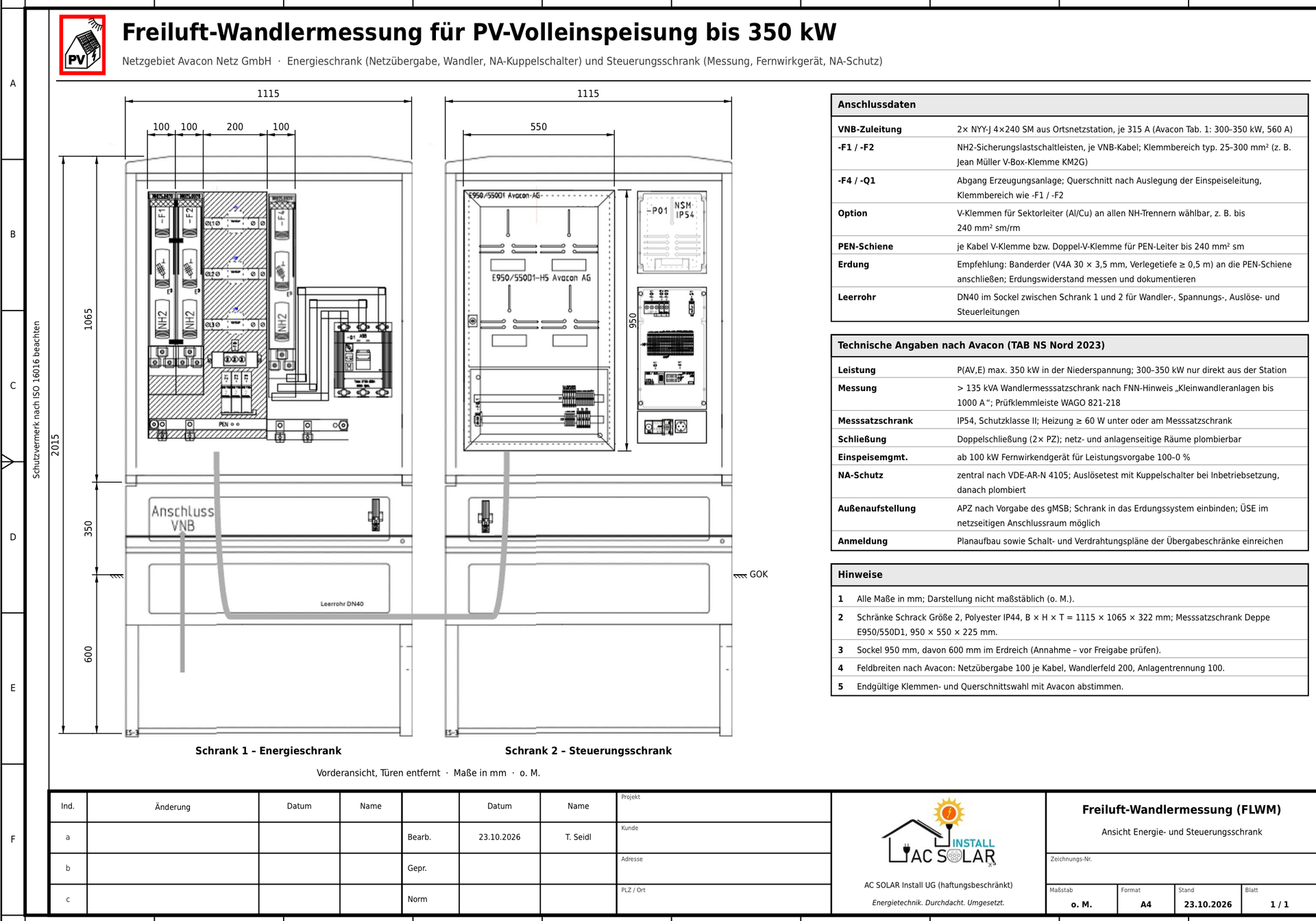 Ansichtszeichnung Freiluft-Wandlermessung Avacon: Energieschrank und Steuerungsschrank mit Anschlussdaten