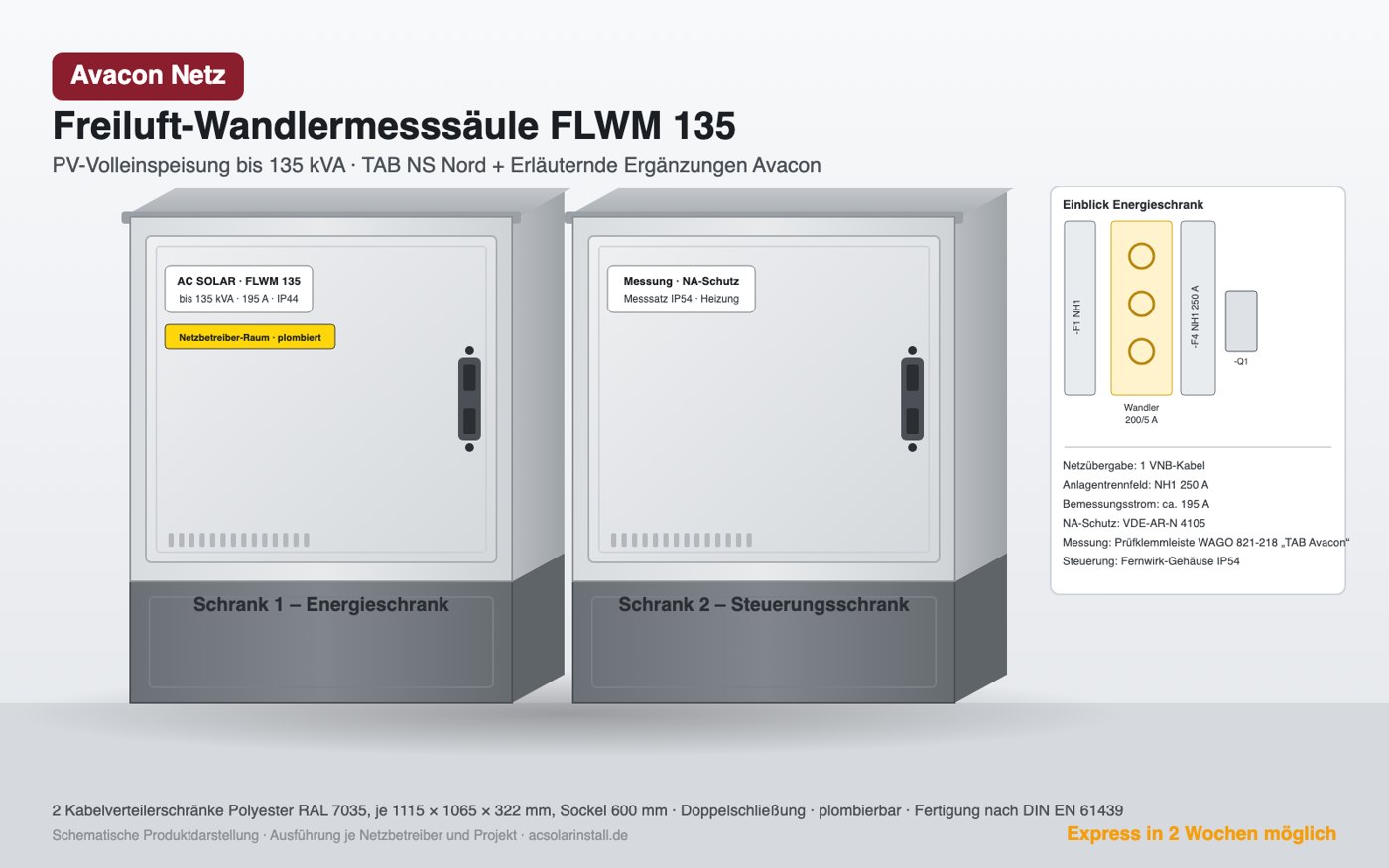 Freiluft-Wandlermesssäule FLWM 135 für Avacon Netz, PV-Volleinspeisung bis 135 kVA