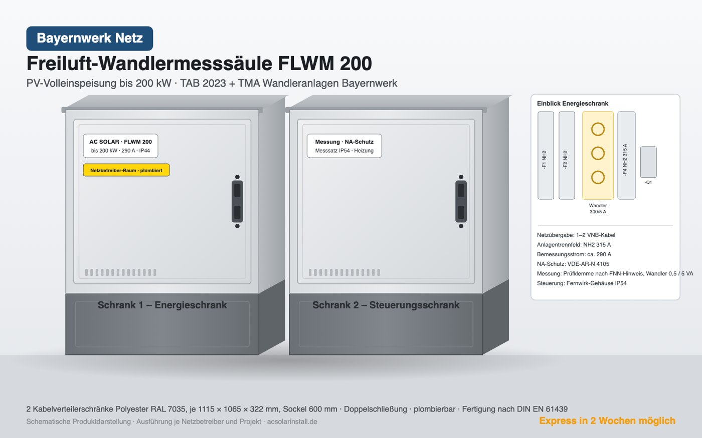 Freiluft-Wandlermesssäule FLWM 200 für Bayernwerk Netz, PV-Volleinspeisung bis 200 kW