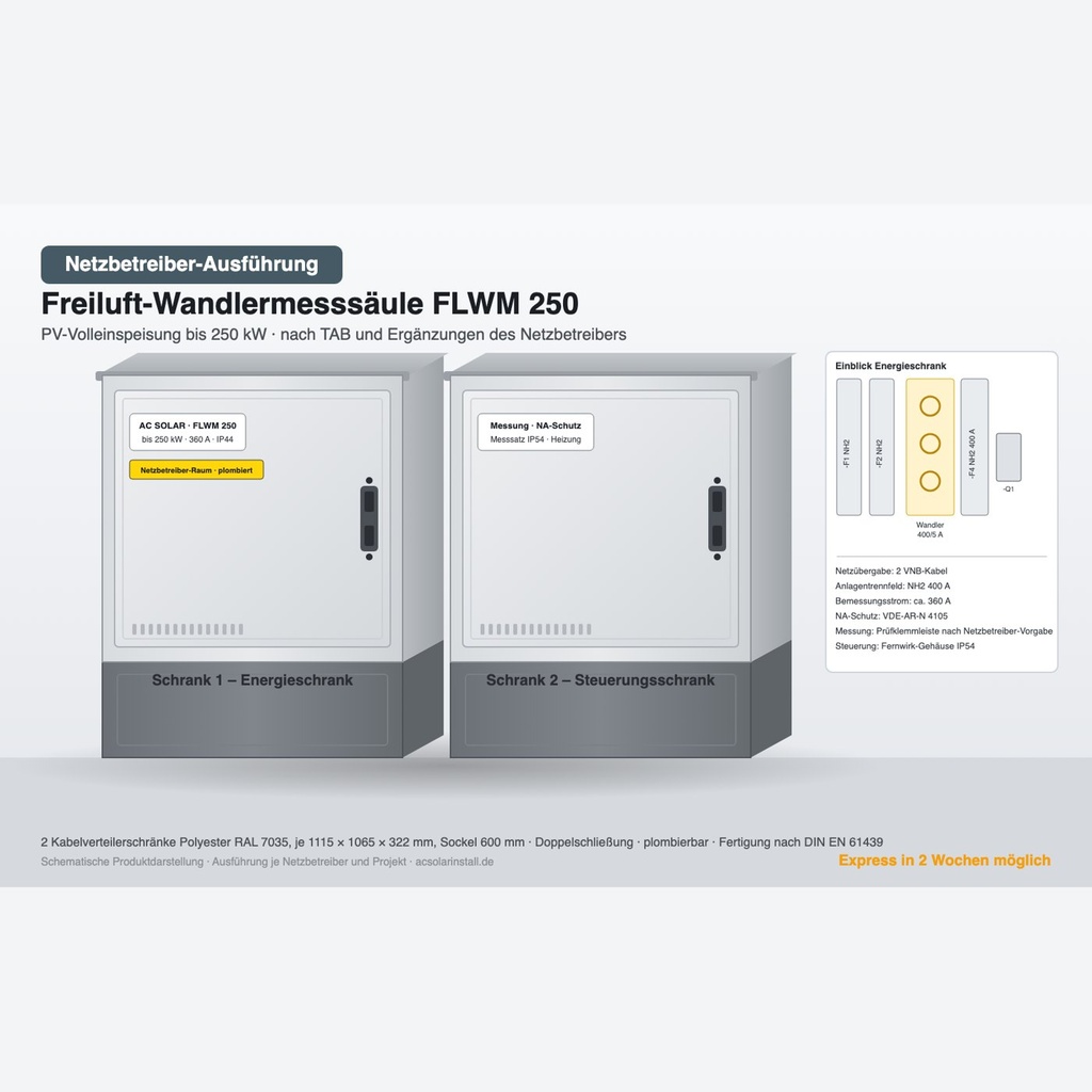 Freiluft-Wandlermesssäule FLWM 250 · PV-Volleinspeisung bis 250 kW · Ausführung nach Netzbetreiber